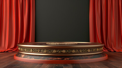 Wall Mural - A red curtain hangs behind a stage with a gold frame