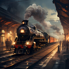 Poster - A vintage train station with steam locomotives.