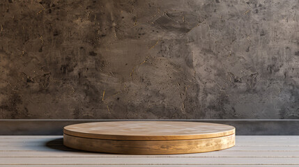 Wall Mural - A wooden round table with a grey wall behind it