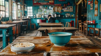  a bowl of food sitting on top of a wooden table next to a bowl of oatmeal on a plate.