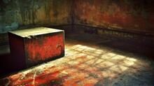  A Red Box Sitting On Top Of A Floor In A Room With Peeling Paint On The Walls And A Shadow Cast On The Floor.