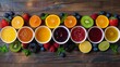 Assortment of fresh fruit juices and smoothies with ingredients on rustic wooden background