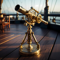 Sticker - Antique brass telescope on a ship deck.