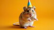 hamster isolated on yellow background birthday party invite concept 
