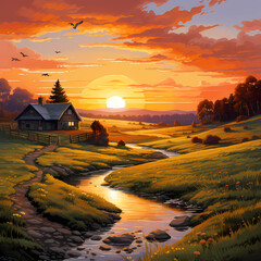 Sticker - Sunset over a tranquil rural landscape.