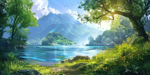 Wall Mural - A beautiful lake nestled amidst a dense forest with towering trees