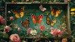  a painting of a bunch of butterflies in a green box surrounded by pink and yellow flowers and a pink rose.