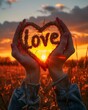  a person holding a heart shaped object with the word love written on it in the middle of a field at sunset.