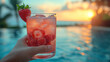 Hard seltzer cocktails. Chilled drinks, beautiful summer beach on background. Summer cocktails, beach bar concept. Refreshing drink berries fruits chilled. 