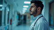 Emirati man wearing a medical gown and stethoscope, profile pose, hospital background. Full body shot. AI Generated