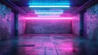 Neon Lights Illuminating an Empty Urban Underground Parking Lot with Vibrant Colors