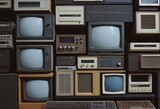Fototapeta Londyn - pile of old unused computers and vintage CRT monitors