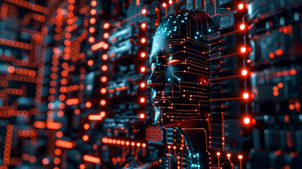 A computer generated image of a face with a glowing red eye