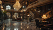 interior photo of a luxurious hotel lobby, with elegant furnishings, sparkling chandeliers, and a grand staircase, establishing shot, indoor setting