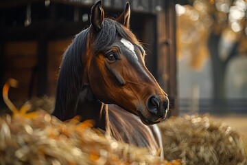 Wall Mural -  horse in the stable, horse ranch with a house and fence,old farm house