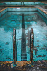 Neglected Old Swimming Pool with water Needing Maintenance. Dirty outside pool, pool cleaning and repair service.