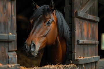 Wall Mural -  horse in the stable, horse ranch with a house and fence,old farm house