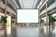 Large Blank Billboard In Empty Shopping Mall, To Convey A Sense Of Emptiness And Stillness In A Commercial Space, Great For Real Estate Or Retail