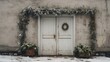 Generative AI, House front in the winter with Christmas decoration, wreath and garland. Snow cosy season.