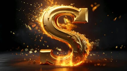 Wall Mural - Letter S golden 3d in fire video animation,  seamless looping video animated background