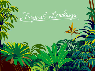 Wall Mural - Tropical rainforest landscape. Handmade drawing vector illustration.