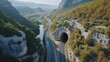 A bird's eye view of a car tunnel in the mountains. Beautiful wallpapers for tourism and advertising. Generative AI