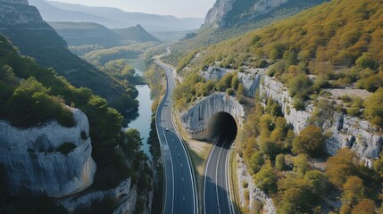 Wall Mural - A bird's eye view of a car tunnel in the mountains. Beautiful wallpapers for tourism and advertising. Generative AI