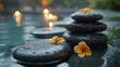 black Massage Stones, Spa background with wet basalt massage stones