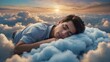 A man sleeping in the clouds against a blue sky