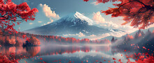 An Image With A Mountain And Red Autumn Trees Of Japan

