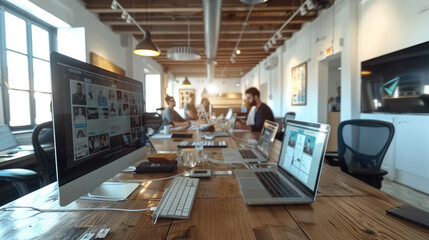 Aufkleber - Modern office space where a group of marketers are working on campaign strategy for social media and sponsored articles. Generative AI.