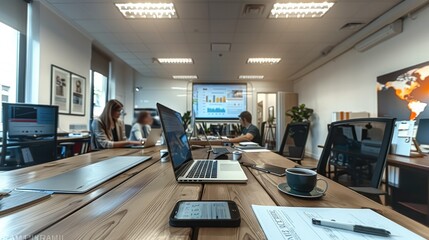 Poster - Modern office space where a group of marketers are working on campaign strategy for social media and sponsored articles. Generative AI.