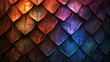 Abstract beautiful background from dragon scales. Colorfull dark rainbow textured tones. Metal scales close up. Background with dark colorfull rhombuses. Neutral dark gradient rainbow background.