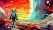 Generative AI, Psychedelic Space banner template, nostalgic 80s, 90s background. Horizontal illustration of the future landscape with mountains, planets, trees, moon. Surrealist escapism concept..