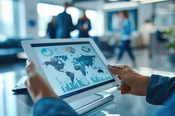 Aufkleber - Professional business people using a global online ordering platform interface on a digital tablet, in a modern office environment. Generative AI.