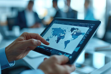 Poster - Professional business people using a global online ordering platform interface on a digital tablet, in a modern office environment. Generative AI.