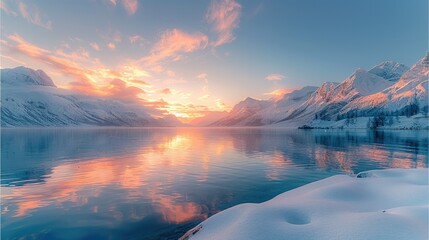 Wall Mural - A lake with snowy mountains at sunset, panoramic. Generative AI.