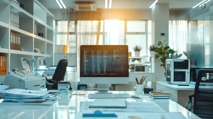 Fototapete - Professional accounting office with a modern design that emphasizes reliability and precision. The central focus is a desk with a computer. Generative AI.