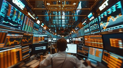 Poster - LED screen on a broker desktop in a busy trading floor. Generative AI.