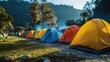 Shot of line of colorful tents pitched at a forest campsite with clear skies. Generative AI.