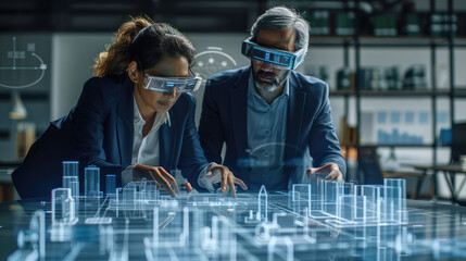 two business professional are immersed in an augmented reality (ar) urban planning simulation adjust