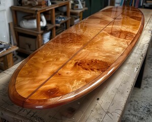 Handcrafted Wooden Surfboard on Workbench