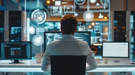Leinwandbilder - Rear view. An corporate employee working with a computer, a representation of him searching for things across multiple platforms and interfaces, modernistic. Generative AI.