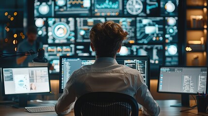 Leinwandbilder - Rear view. An corporate employee working with a computer, a representation of him searching for things across multiple platforms and interfaces, modernistic. Generative AI.