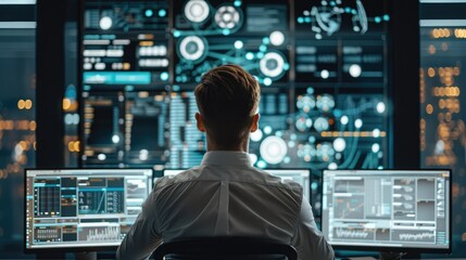Leinwandbilder - Rear view. An corporate employee working with a computer, a representation of him searching for things across multiple platforms and interfaces, modernistic. Generative AI.