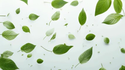 Wall Mural - White background with green leaves flying in air