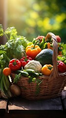 Organic and natural fresh vegetables and fruits on a wooden table in the summer garden, harvest, vegetarian, farm products, healthy lifestyle, source of vitamins.