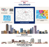 Fototapeta Londyn - Colorado counties map and congressional districts since 2023 map. Denver and Colorado Springs cities skylines. Vector set