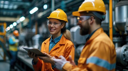 Aufkleber - Group of factory workers is discussing at industrial factory, happy. Generative AI.