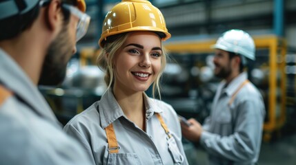 Aufkleber - Group of factory workers is discussing at industrial factory, happy. Generative AI.